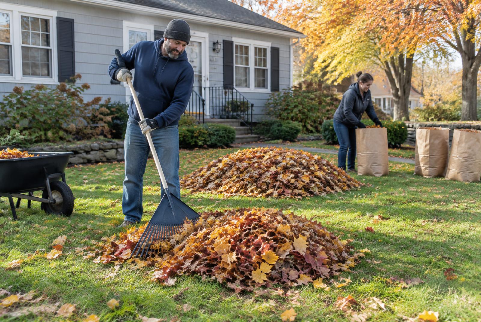 Fall clean-up with leaves gathered in a yard