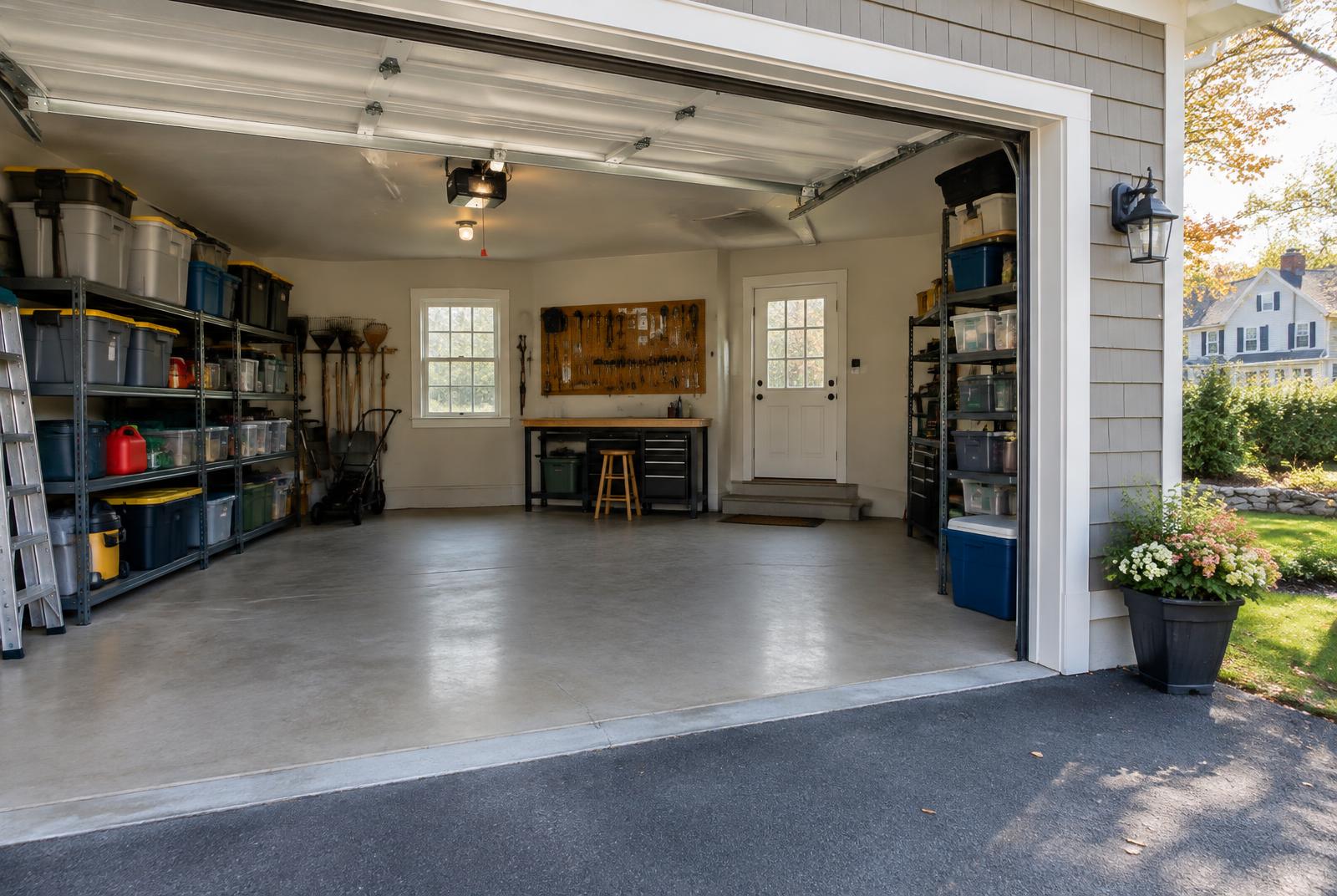 Organized residential garage after a clean-up