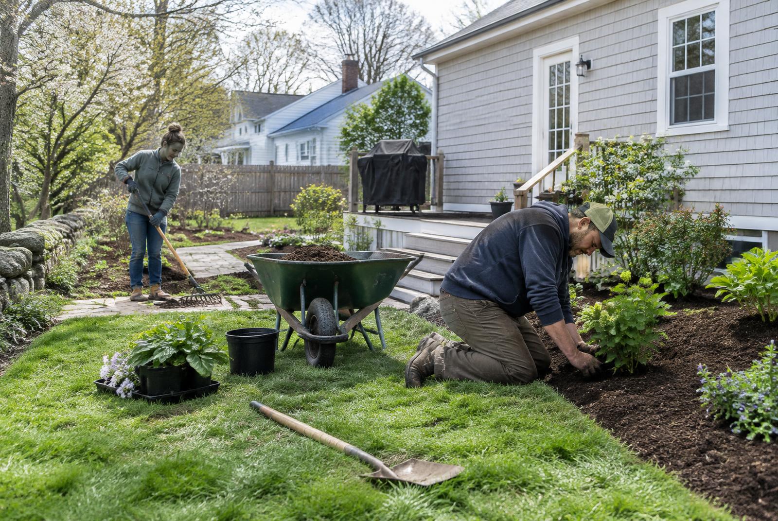 Garden care in progress beside a home